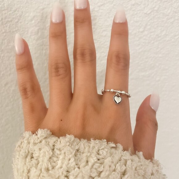 925 Sterling Silver Minimalist Ring Dainty Ring Dangle Heart Ring - Picture 5 of 8